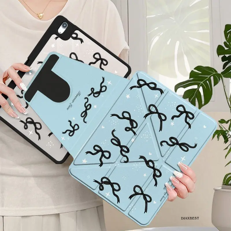 Korean Blue Bow Case For iPad Pro 11 13in 2025 iPad Pro 12.9in Air7 10th 11th M4 M5 Y-Shaped Folding Rotate Protective Cover Y2K