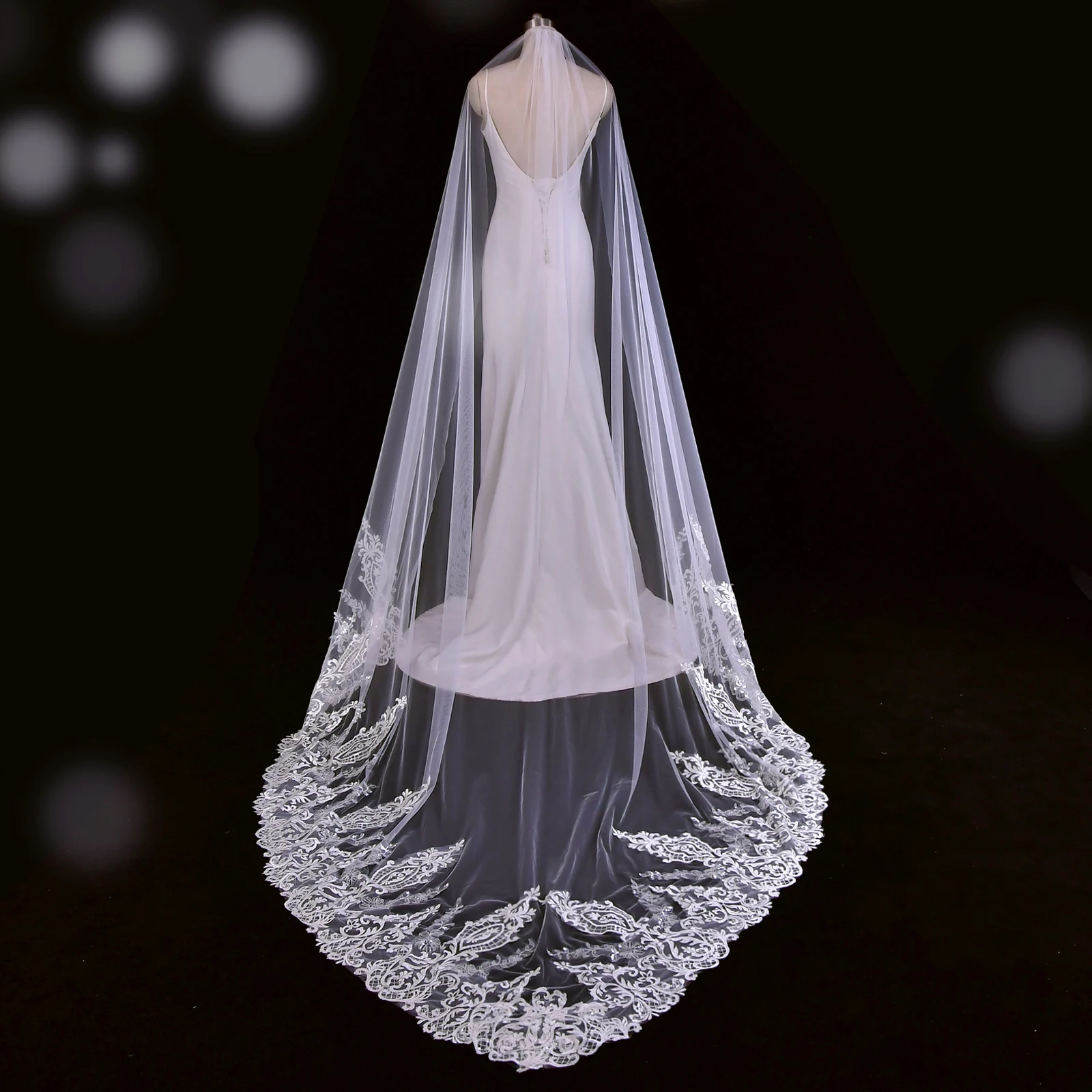 V149 V Shape Wedding Veil Long Bridal Veils Cathedral 1 Tier Lace Appliques Edge Mantilla Wide Wedding Accessories for Bride