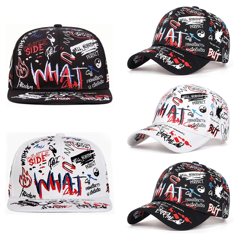 2025 New Personalized Creative Baseball Hat WHAT Graffiti Printed Hip Hop Hat Outdoor Sports Sunshade Hat Unisex Decorative Hat