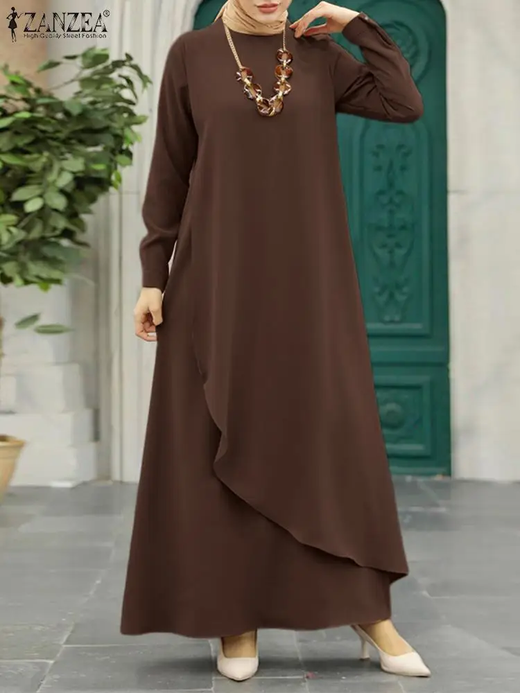 Stylish Women Long Sleeve Solid Asymmetrical Hem Dress ZANZEA Eid Mubarek Ramadan Maxi Sundress Casual Loose Muslim Vestidos