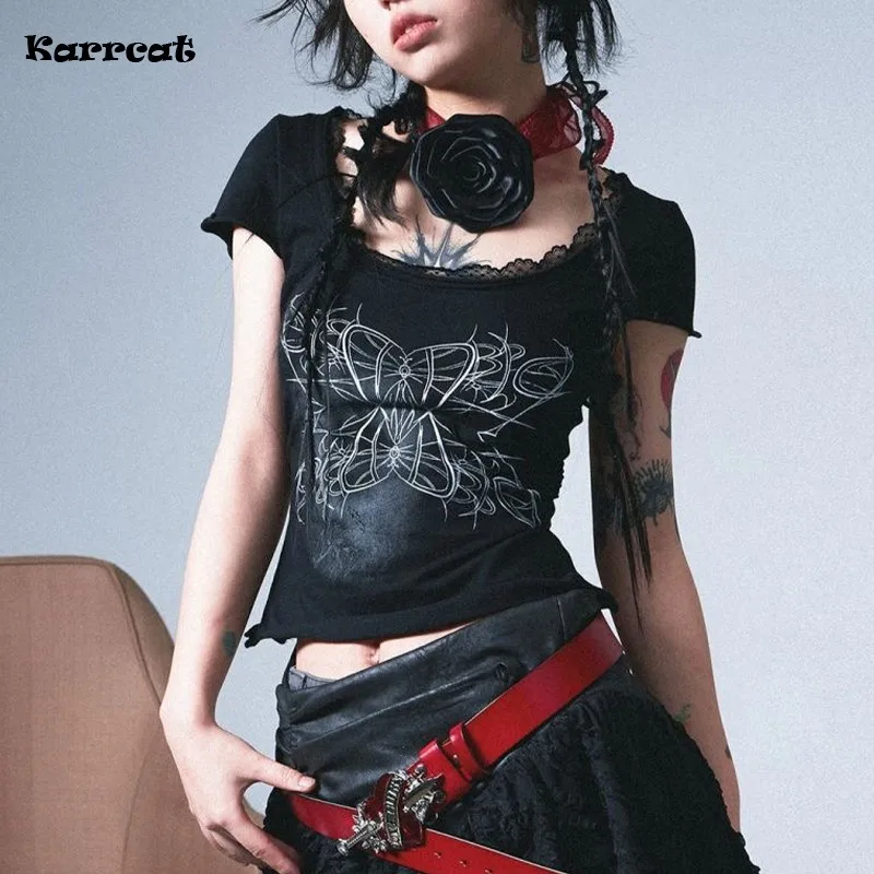 Karrcat Japanese Y2k Tattoo Print T-shirt Grunge Aesthetics Lace Patchwork Short Sleeve T Shirt Vintage Gothic Black Crop Tops