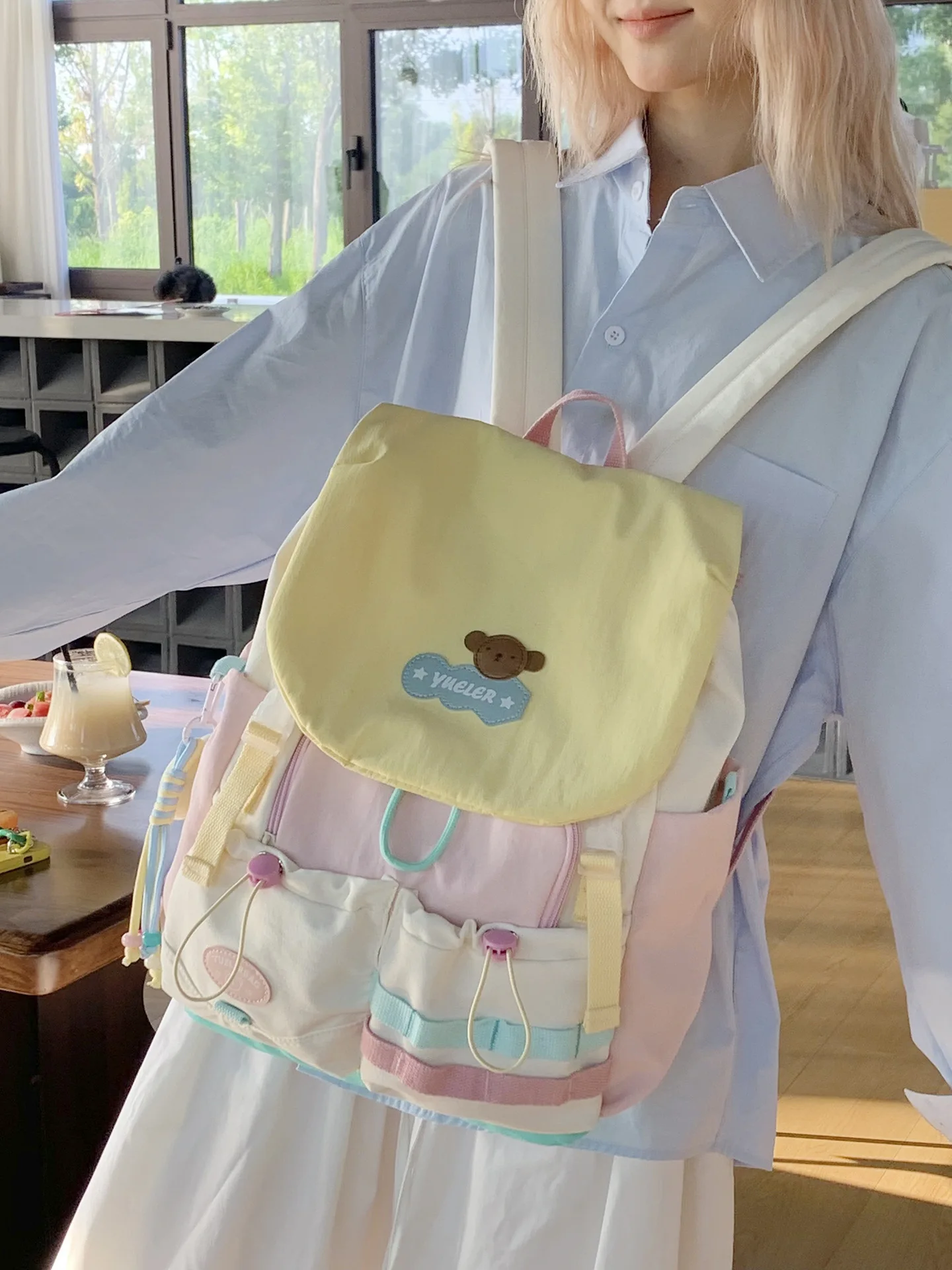 Soft Macaron Color Flap Backpack Multi Pocket Layered Storage Breathable Pressure Relief Straps Japanese  Girls Campus  Backpack
