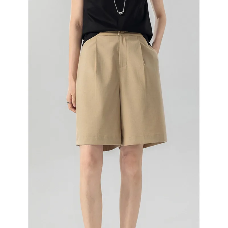 Pantalones cortos de traje de cinco puntos para mujer, pantalones cortos informales rectos sueltos de cintura alta elásticos de verano