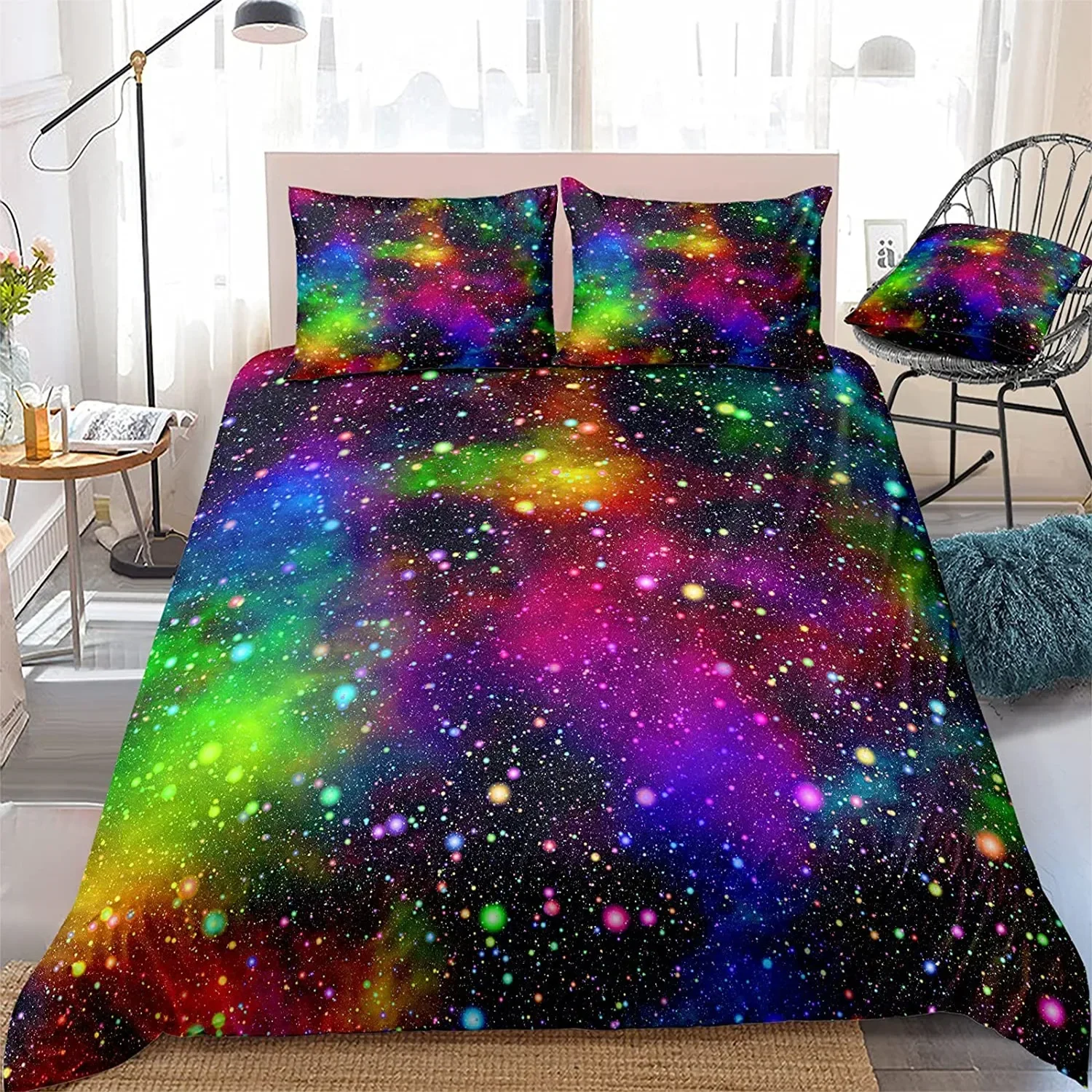 Rainbow Galaxy Duvet Cover Rainbow Quilt Cover Set Colorful Stars Space Psychedelic Polyester Bedding Set Double Queen King Size