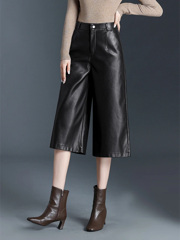 Fashionable high waist slimming PU leather wide leg pants 2025 autumn winter new women five-point straight leg pants