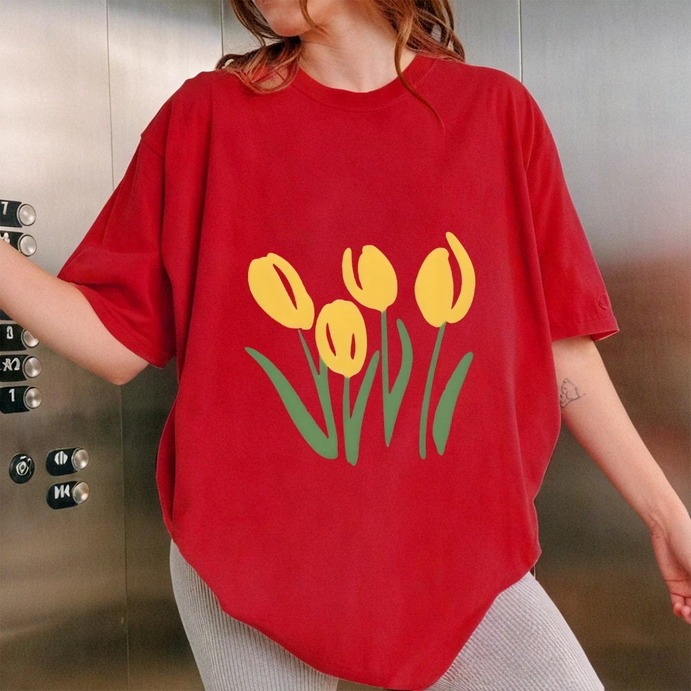 2025 novo amarelo floral y2k oversized camiseta feminina-algodão de alta qualidade verão topo ensolarado solto ajuste estilo y2k roupas femininas