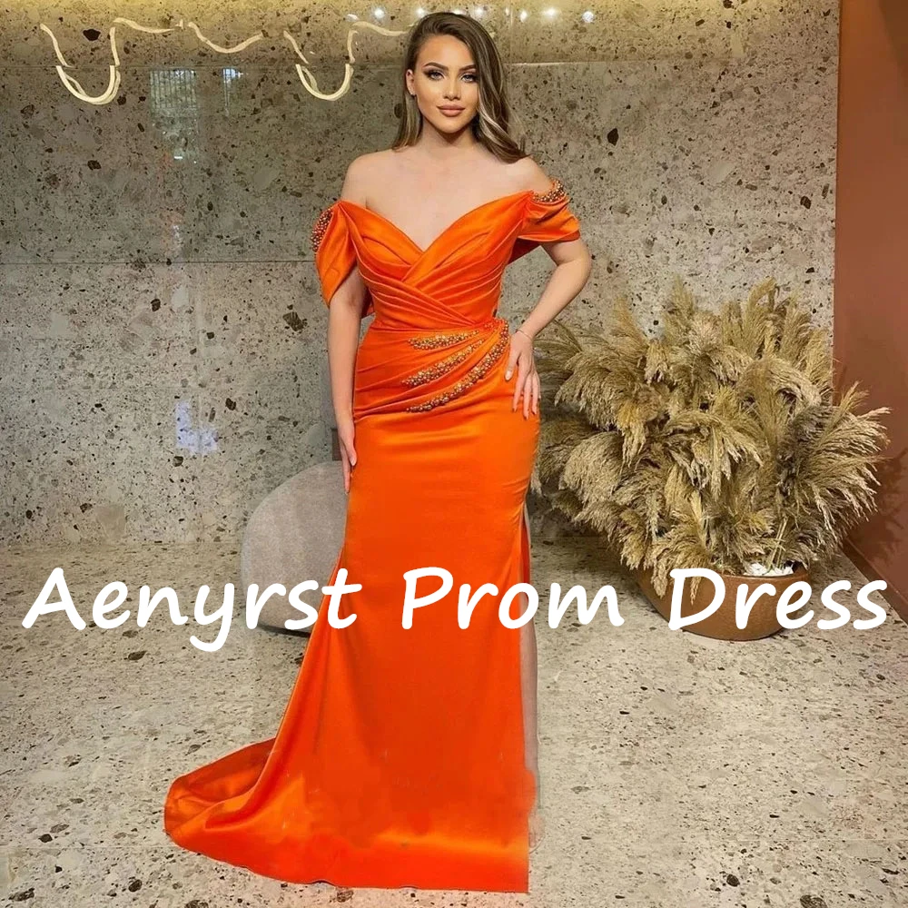 Aenyrst Orange V Neck Off Shoulder Prom Dresses Mermaid Satin Beading Evening Gowns Floor Length Party Dress Long فساتين السهرة