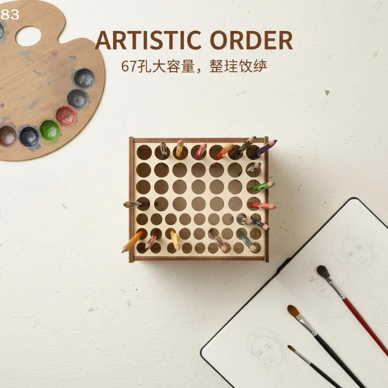 1 Set 67-Slot Premium Double-layer Durable Artist Desk Organizer Wooden Brush Holder Pencil Paint Brushes Storage Art Craft