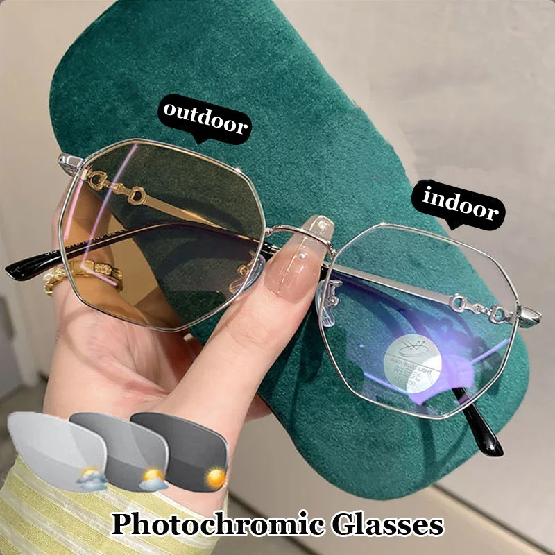 Fashion Anti Blue Light Photochromic Myopia Glasses with Diopter To 6.0 Vintage Polygonal Frame Minus Eyewear Optical Sunglasses