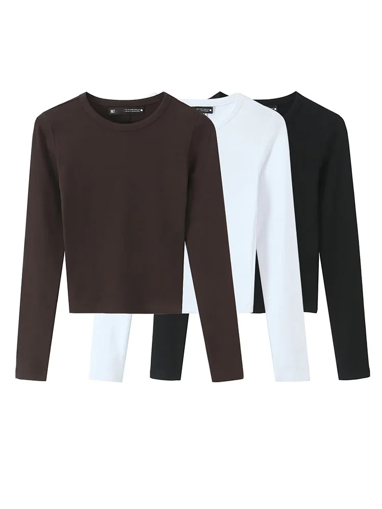 

HH Woman Spring Fashion Casual Slim Street Style Woman Elegant T-shirt Round Collar Long Sleeve Chic Solid 3-Color Short Tops