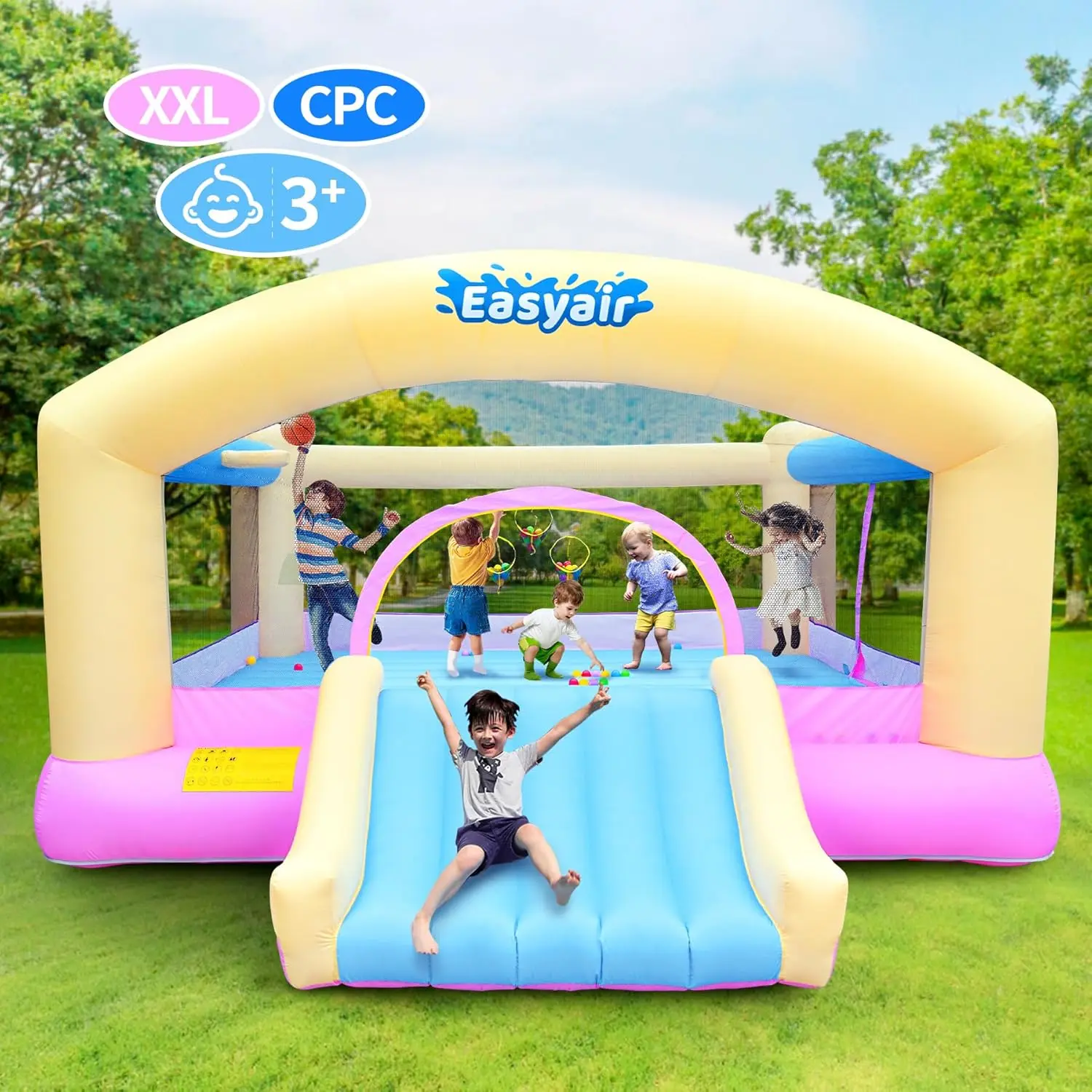 Casa de salto grande para crianças grandes, corrediça de salto inflável de 14,8 x 14,5 pés com ventilador de 650 W, cesta de basquete, bola de lançamento Ga