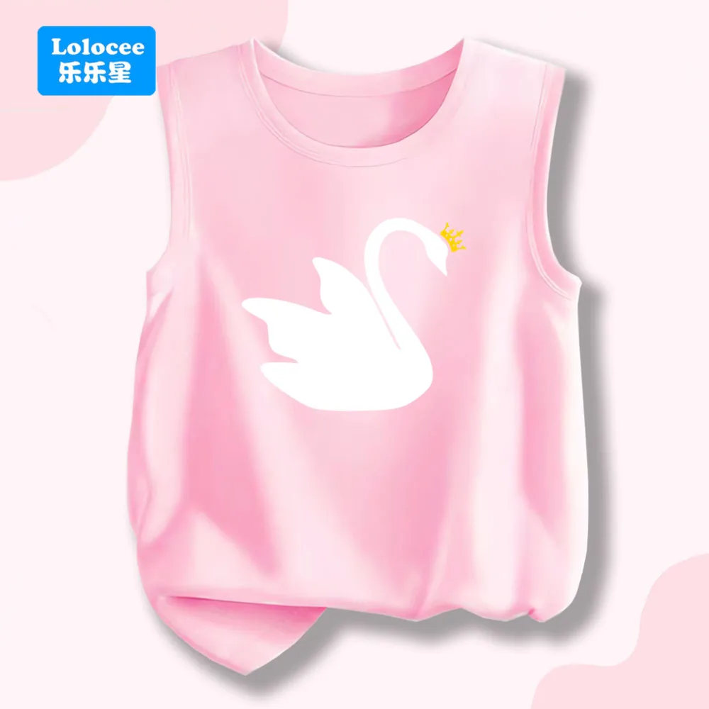 Crown Swan Print T-shirt Printed Vest Graphic Print Tank Top Girls' Sleeveless Crew Neck Casual Top TE1