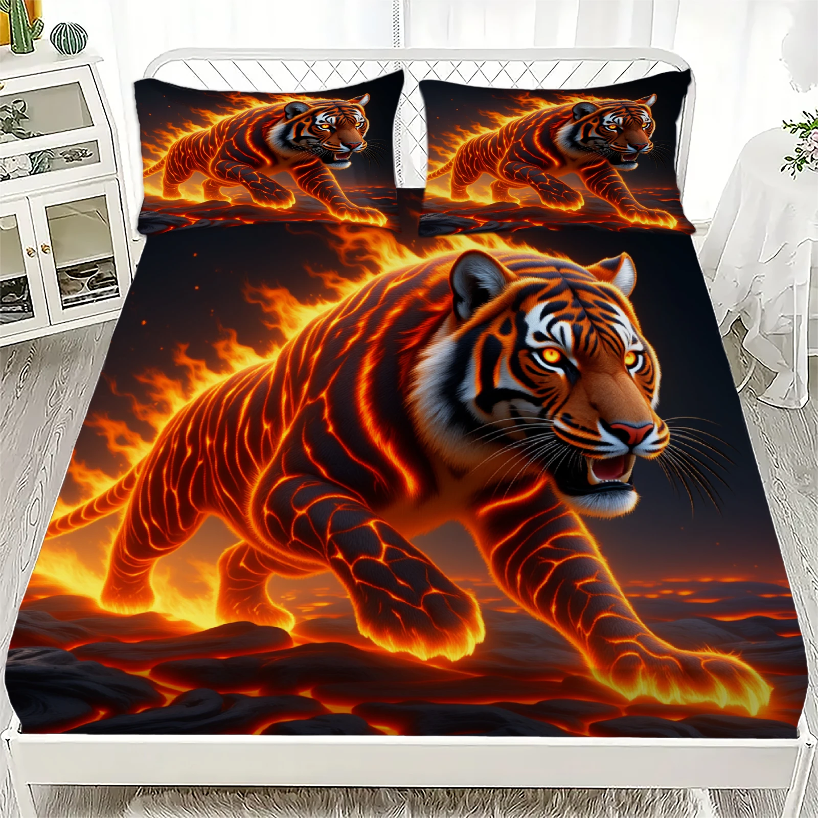 

3pcs Fitted Sheet Set Tiger 3D Printed Fire Tiger Breathable Easy Care Durable Bed Sheet With Pillowcases For Bedroom Decor