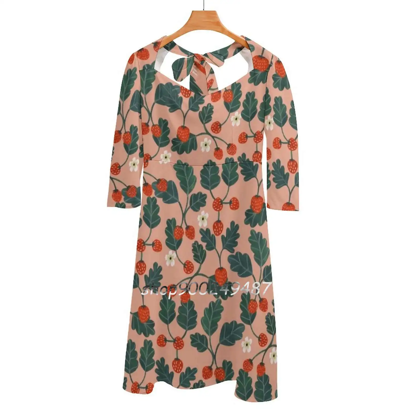 

Strawberries Sweet Elegant Dress Women Korean Kawaii Square Collar Dress Gouache Floral Floral Pattern Flowers Flower Nature