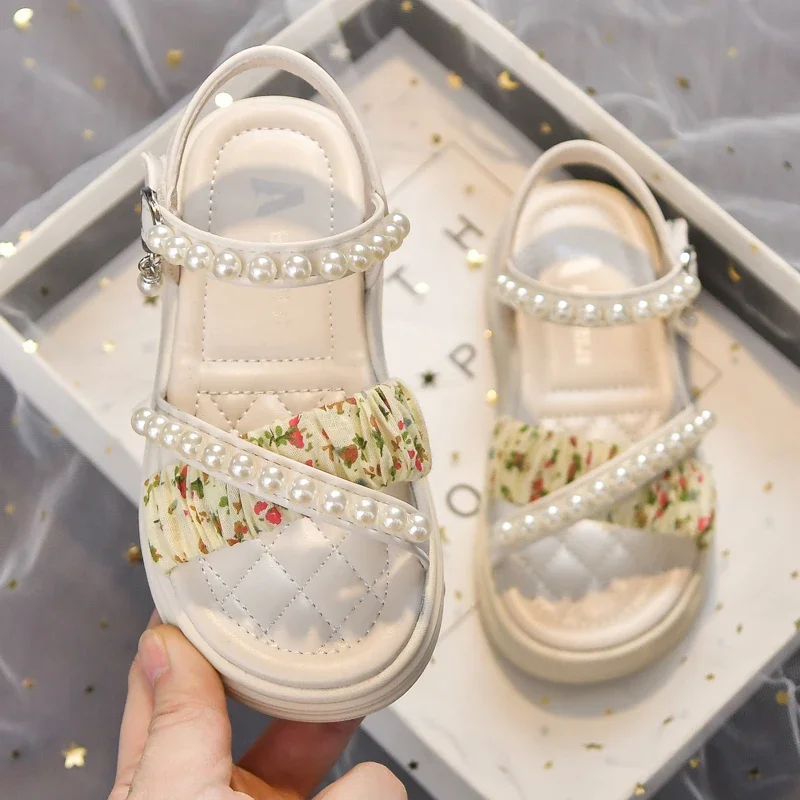 Fashion Sweet Kids Sandals for Girls Pearl Elegant Princess Shoes Catwalk Dress Versatile Children Fashion Sandals Thick Bottom