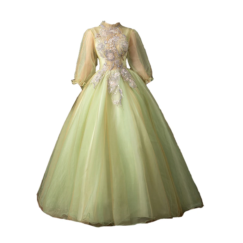 Gaun Quinceanera leher tinggi, gaun pesta Tule klasik dengan ilusi, Applique renda elegan sederhana Puffy