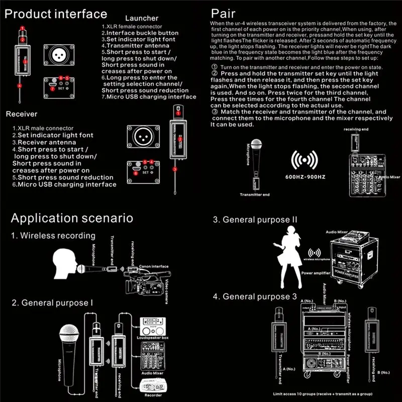 

Профессиональная цифровая беспроводная микрофонная система RISE-UR-4 с XLR-передатчиком и приемником, красная