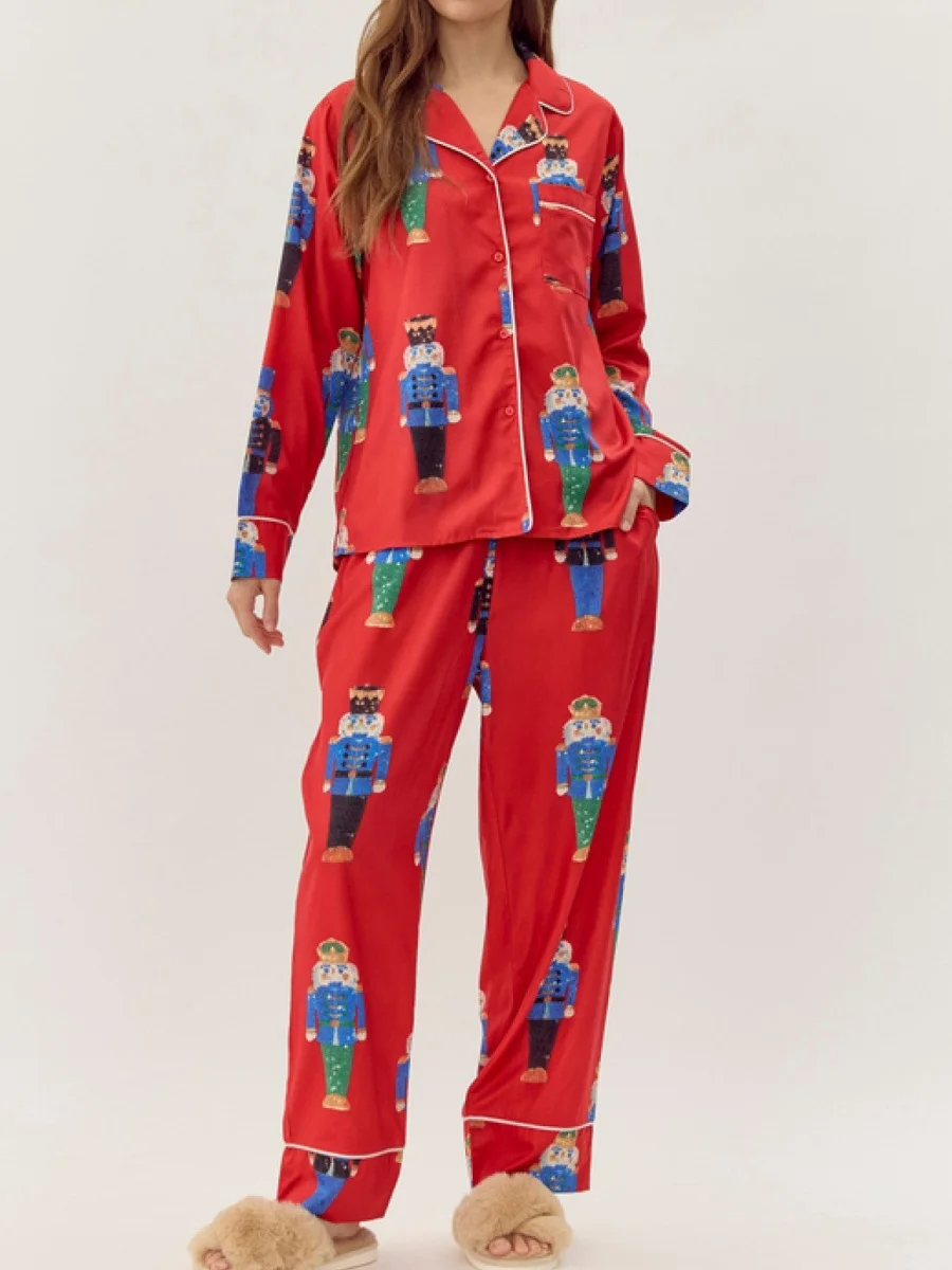 2026 عيد الميلاد الأحمر كسارة البندق طباعة بيجامة مجموعة المرأة طباعة المتسكعون ملابس المنزل المريحة طويلة الأكمام ملابس خاصة الزي #1