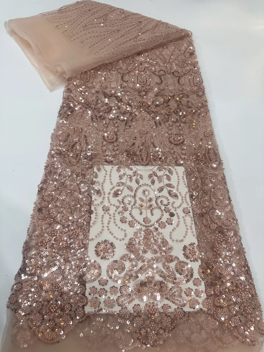 

New Design Luxury Pink Handmade Beads Sequins African Lace Fabric 2025 High Quality Beaded French Lace Fabric For Party KYX2512