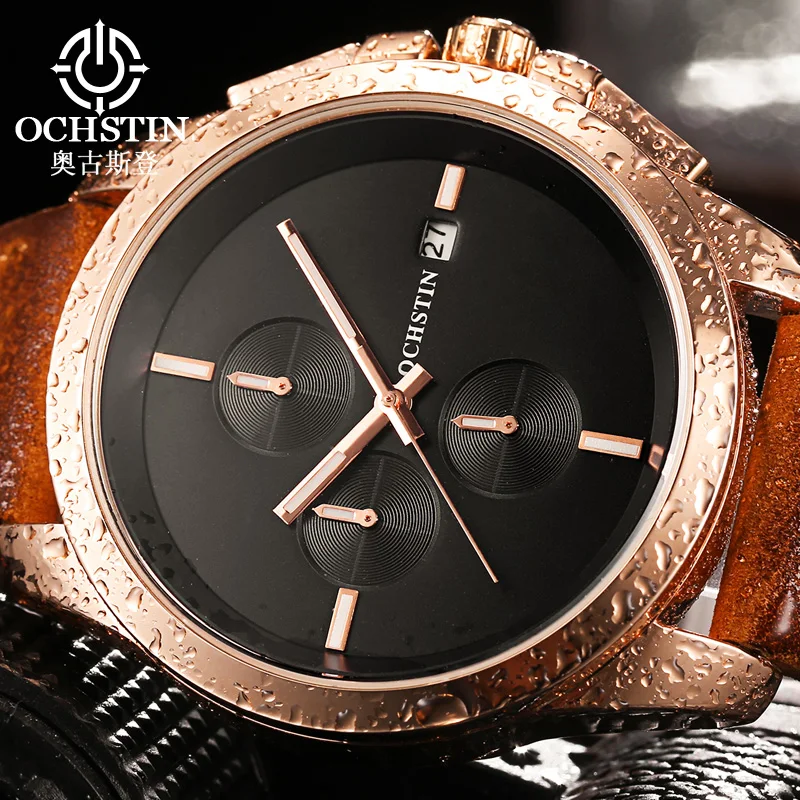 OCHSTIN Hot Sale Men's Quartz Watches Man Leather Strap Clock Male Multifunctional Movment Waterproof Pilot Collection Watch