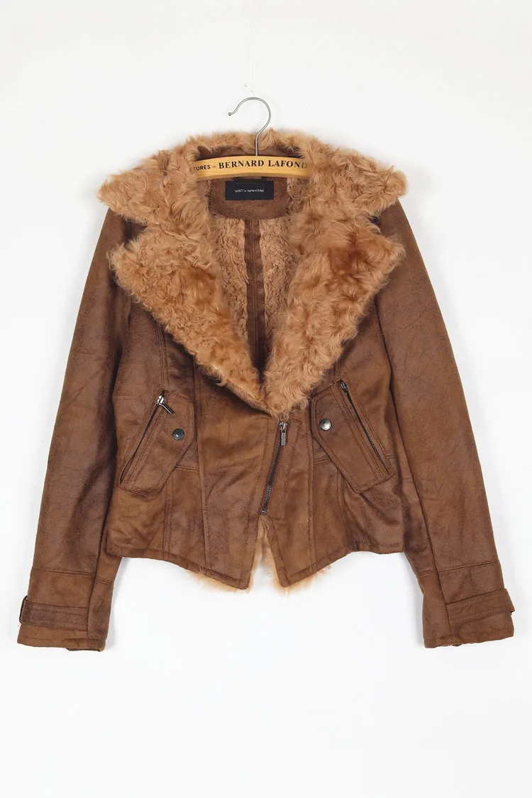 Retro-Wildleder-Lammfell-Hippie-Motiv, getragener Look, einzigartiger Kunstledermantel, warme Vintage-Oberbekleidung, Damen-Street-Sle-Reißverschluss...