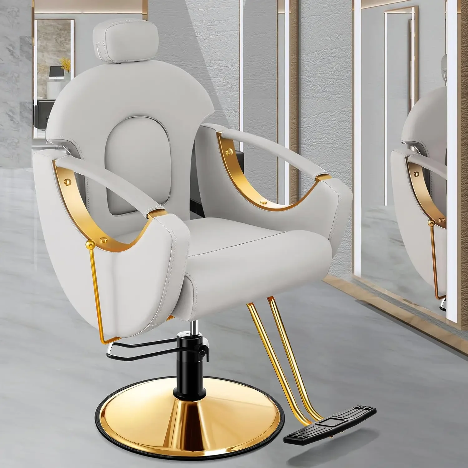 

Barber Chair Reclining Hair Salon Chair, All Purpose Gold Salon Chair for Hair Stylist, 360 Degrees Rolling Swivel