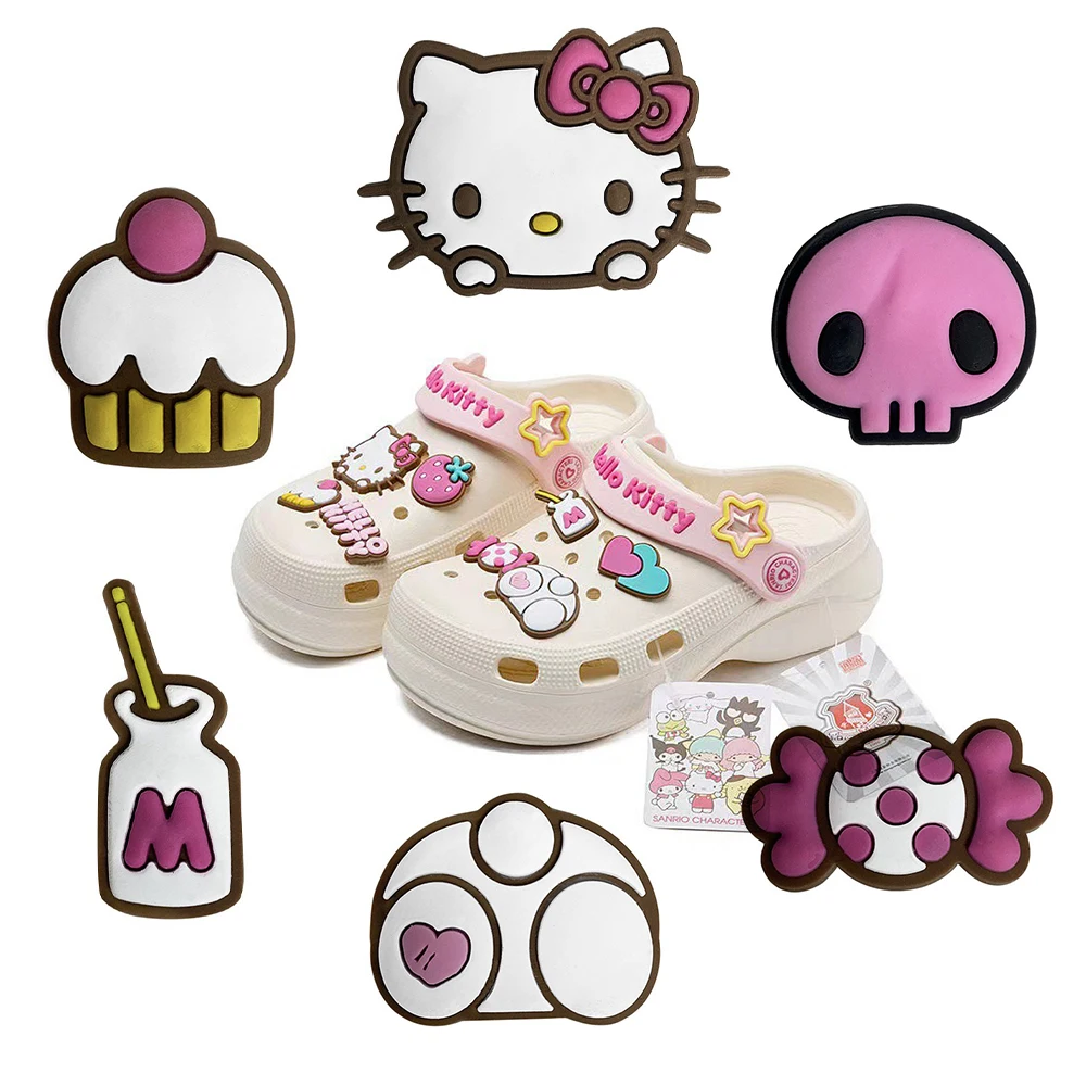 MINISO Cartoon 6-9 pezzi Hello Kitty Ciondoli per scarpe Zoccoli Sandali Decorazione Scarpe rosa Accessori Fibbia Fascino Ragazze Donne Regali