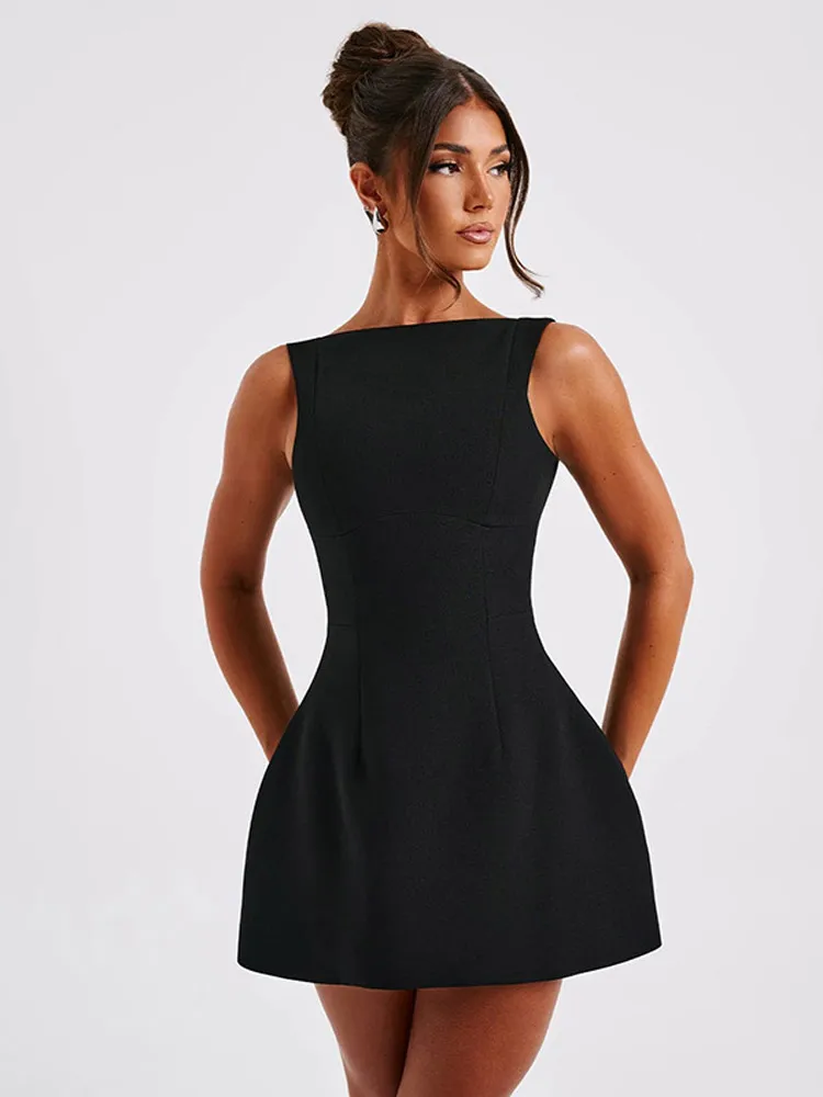 Vestido negro acampanado con cuello redondo para mujer, vestido elegante sin mangas con espalda descubierta y dobladillo ajustado, vestidos cortos de fiesta de noche para mujer 2024