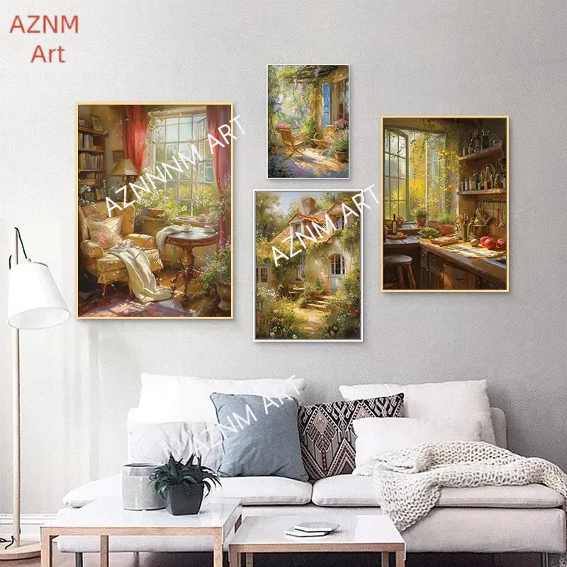 Vintage Rural Cottage Landscape Flower Plant Poster Print Canvas Painting Wall Art for English Living Room Home Decor Mural