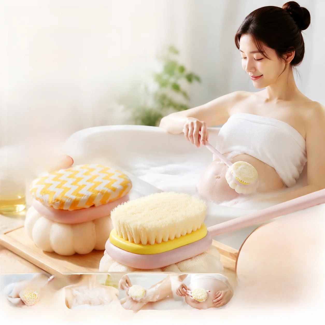 妊婦や背中を洗うための両面ロングハンドルバスブラシ-女性専用バスボール-バスフラワー-背中洗いタオル