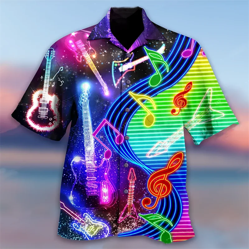 3d Print Instrument Piano Guitar Trendy Fashion Hawaiian Shirt Beach Party Blouse Short Sleeve Lapel Men Clothing Oversized Tops