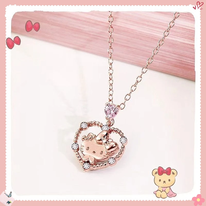 Kawaii Sanrios Crystal Zirconia Necklace Ring Hello Kittys Female Charms Pendant Jewelry Accessories  Valentine Friends Gifts