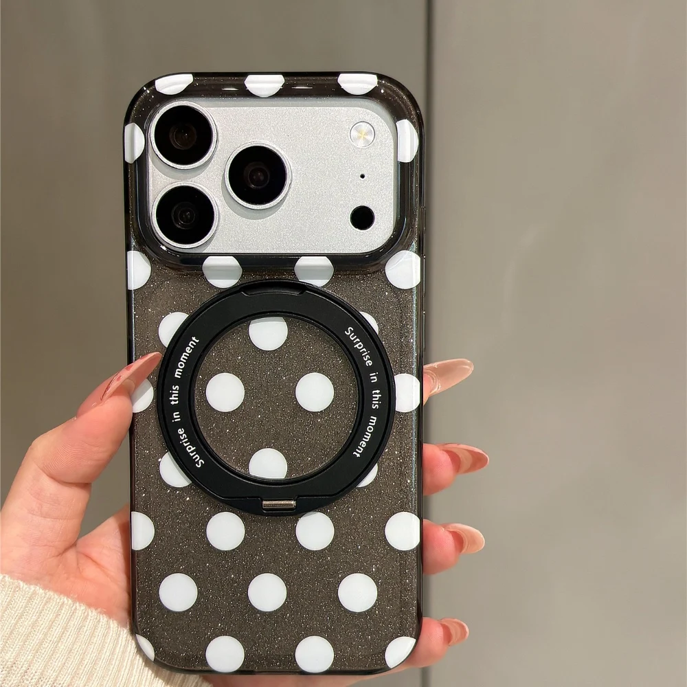 Luxury Rotating Magnetic Metal Holder Glitter Polka Dot Phone Case For iPhone 18 Pro Max 17 16 15 TPU Back Cover With Magsafe