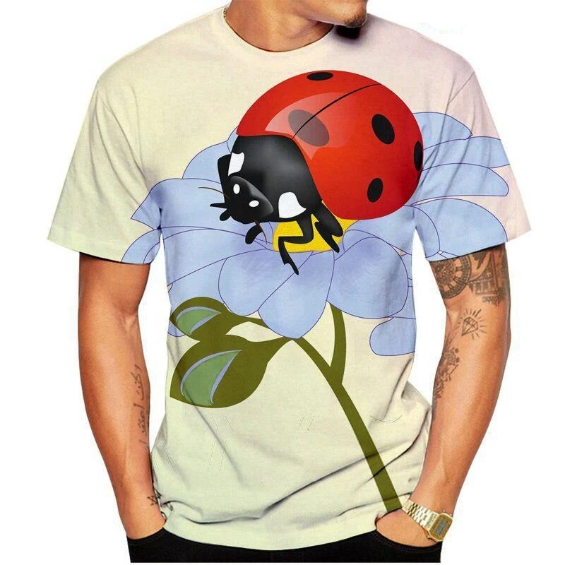 Cartoon Ladybug Funny Men T-shirt Children Casual Cute Round Neck T-shirts Full Print Insect Graphic 2025 Summer Fashion Man Tee