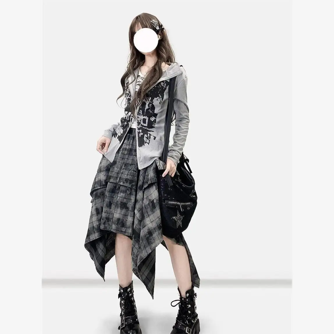 レトロタイダイアシンメトリーミディスカート、格子柄Aライン、伸縮性ウエスト、ミドル丈、女性用、秋シーズン、結び目付き