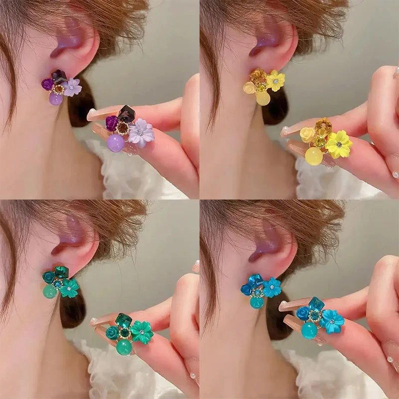 

925 Silver Needle Korean Fashion Crystal Flower Earrings For Women Jewelry 2025 Trending Vintage Purple Red Pink Flower Earrings