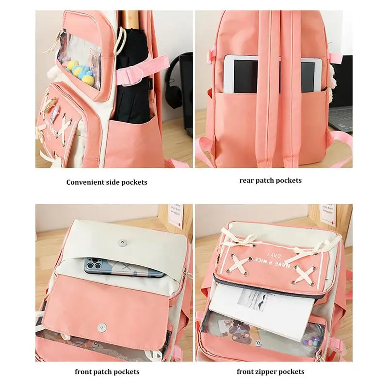 Aesthetic Backpack Set Included Pins And Plush Pendants Aesthetic Waterproof School Bag Set 5 Piece Backpack For School
