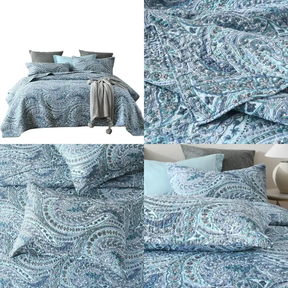 

Reversible Paisley Comforter Set, Blue, King Size Cotton Bedspread Quilt Coverlet