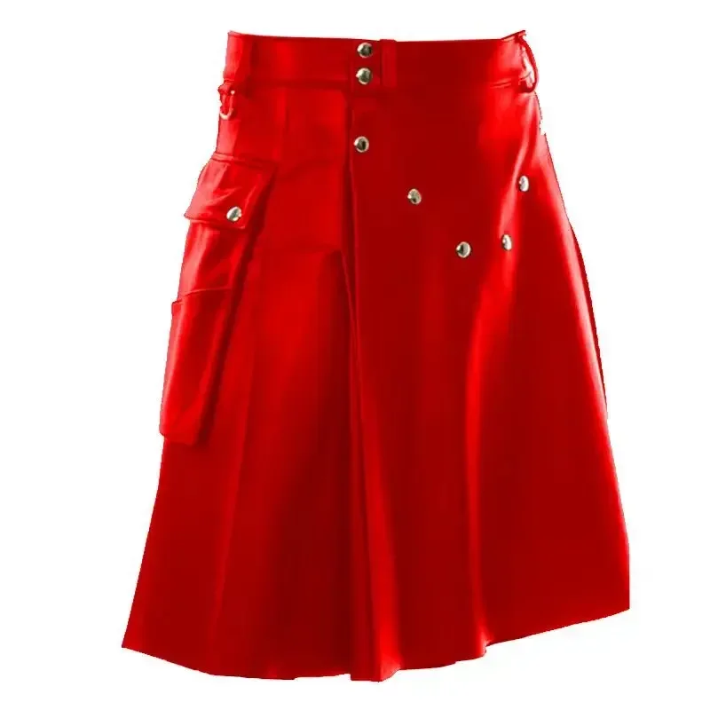Hot selling men\'s faux leather pleated skirt fashion Scottish style leather belt solid color pleated skirt fashion men\'s skirt