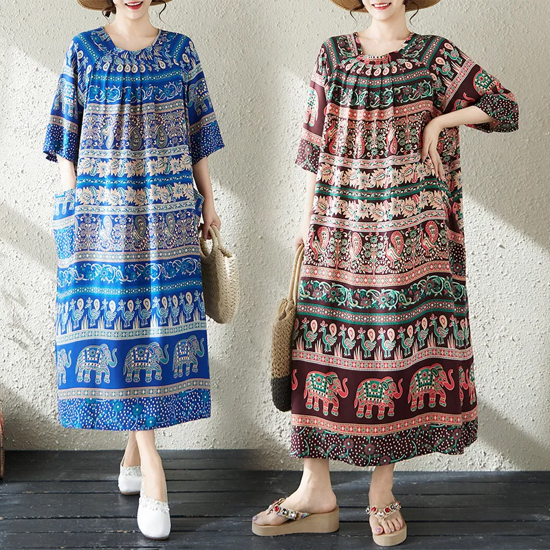 

Летнее хлопковое платье миди с цветочным принтом, свободного кроя, с круглым вырезом, в этническом стиле, для прогулок