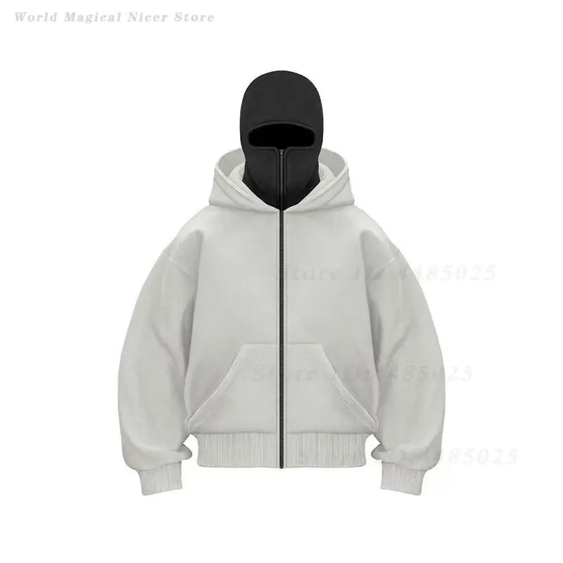 Men Streetwear Hoodie Spring Autumn Trendy Full Zip Sweatshirt Fleece Lined Double Layer Hood Casual Hooded Jacket