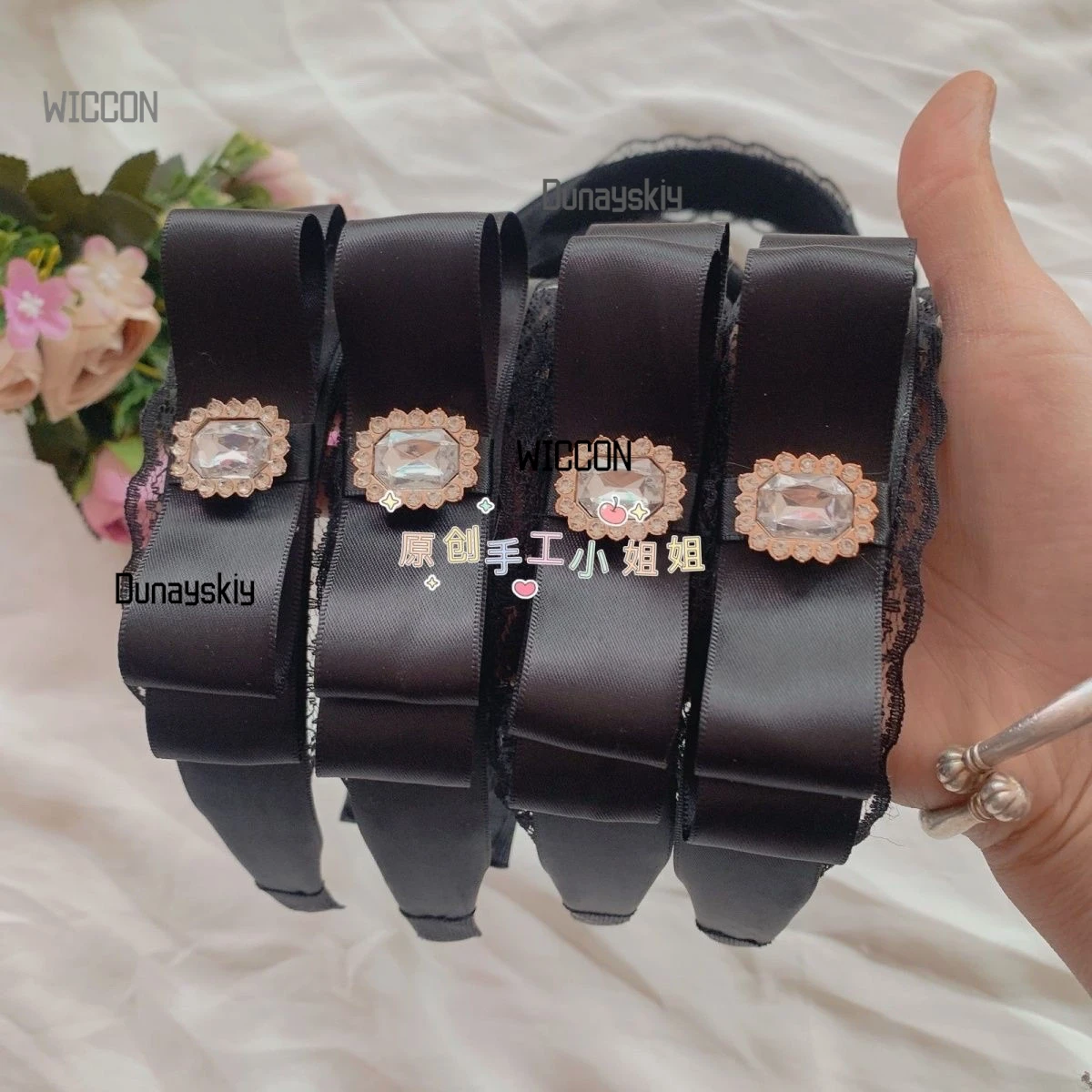 جيراي كي القوطية الظلام kawaii الأسود مقوس دانتيل واسعة عقال حجر الراين لوليتا تأثيري مشبك شعر محيطي اكسسوارات تأثيري