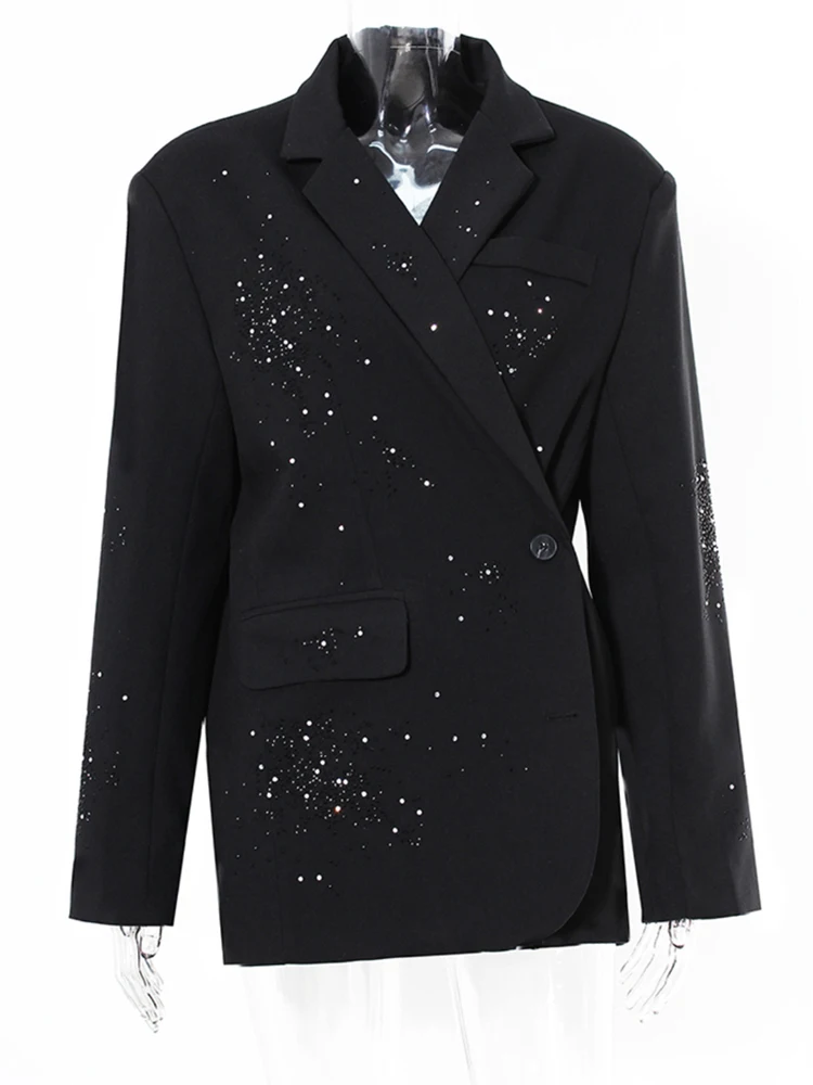 [EAM] Women Black Rhinestones Shining Big Size Elegant Blazer New Lapel Long Sleeve Jacket Fashion Spring Autumn 2024 7AB3822