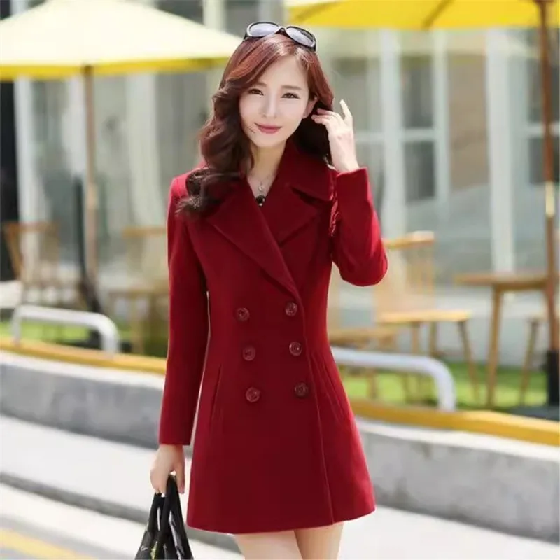 

Spring And Autumn New Faux Woolen Coat Women Korean Fashion Mid-Length Double-Breasted Slim Wool Jacket Female Outerwear B515