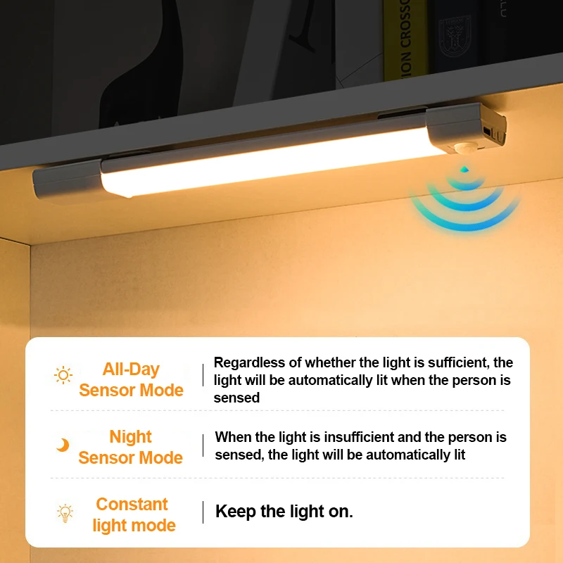 Luz LED nocturna con Sensor de movimiento 3 en 1, luces debajo del gabinete, lámpara recargable por USB inalámbrica, lámparas regulables, armario de escalera de cocina