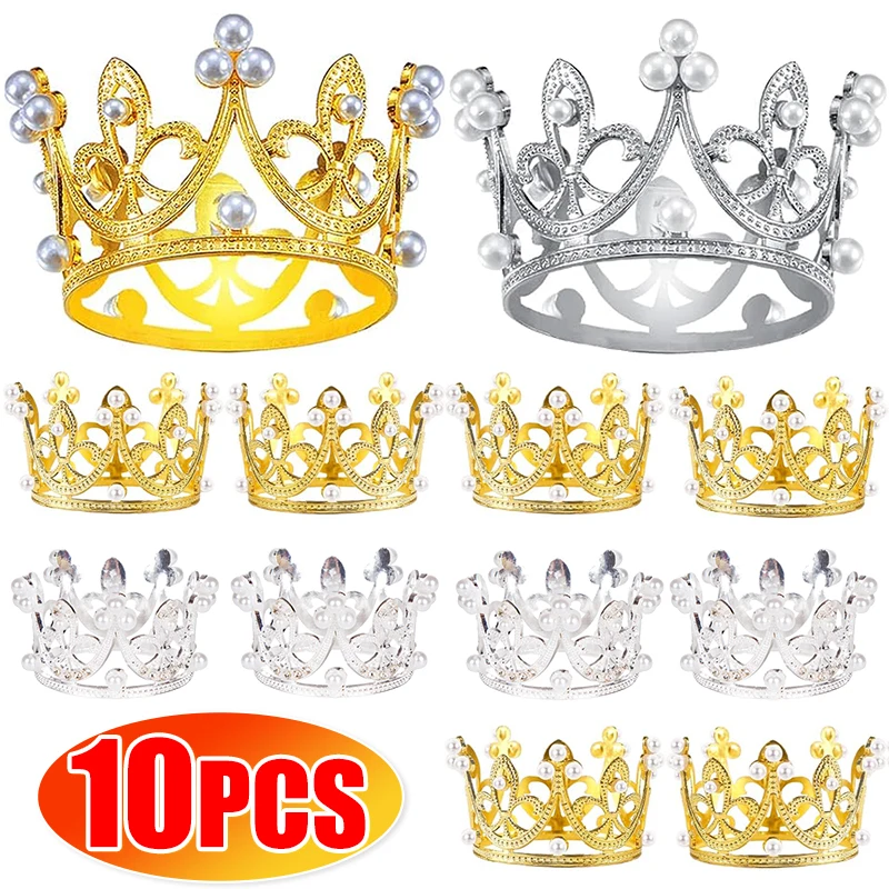 1/10PCS Mini Pearl Crown Cake Topper Tiara Birthday Party Children Hair Ornaments Wedding Flower Arrangements Baby Shower Decor