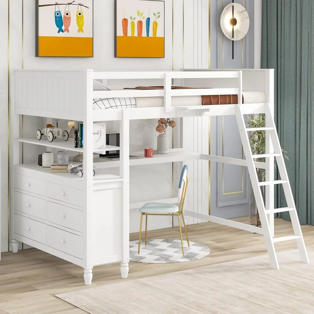 

Harper & Bright Designs Full Size Loft Bed with Desk and Storage, Solid Wood Loft Bed Frame with Drawers and Shelves, for Kids T
