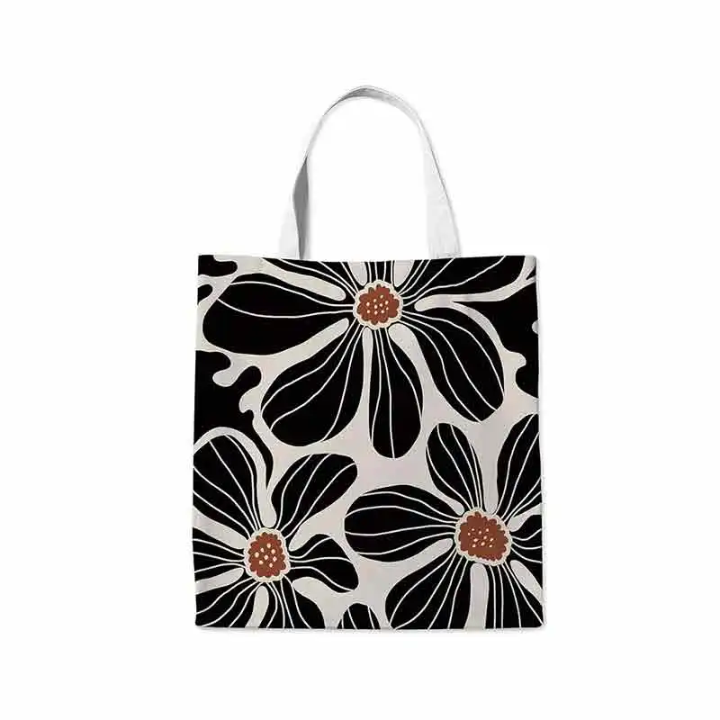 Vl015 Zwart Bloemen Canvas Draagtas Voor Vrouwen, Botanische Bloem Canvas Schouder Draagtas