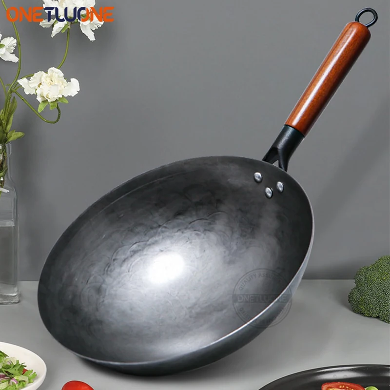 Iron Wok,30cm Hand Forging Iron Woks Pre-seasoned Kitchen Cooking Pot Chinese No Coating Non-stick Pan for Gas Cooker