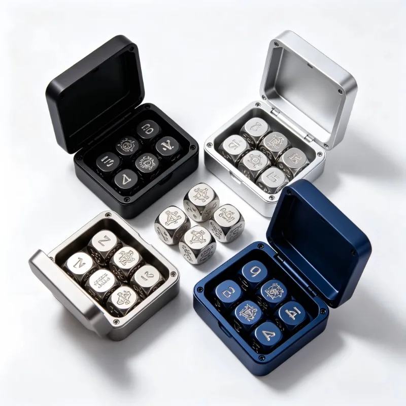 CNC Machined Aluminum Dice Box Matte Black Anodized Magnetic Lid 14‑Piece Metal Game Dice Set for Tabletop Gaming